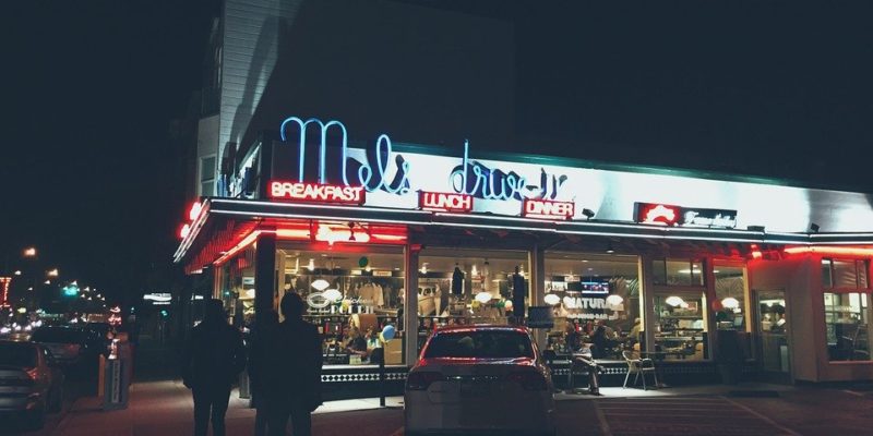Restaurant, Diner, Drive-In, Neon, Sign, Night, Dark